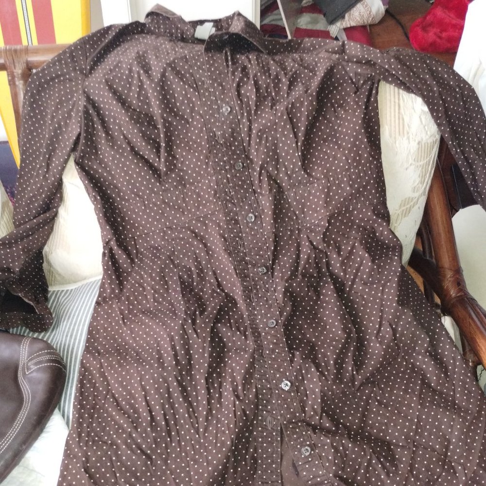 Merona L brown and white polka dot shirt dress